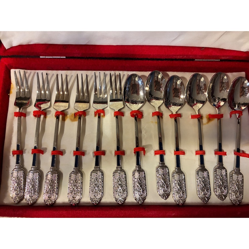 Baeksan Stainless Steel‎ 12pc Dessert Set Forks Spoons Blue Enamel Korea Vintage